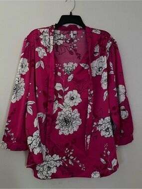 Cato Fuchsia Pink Floral Tie-Neck Blouse